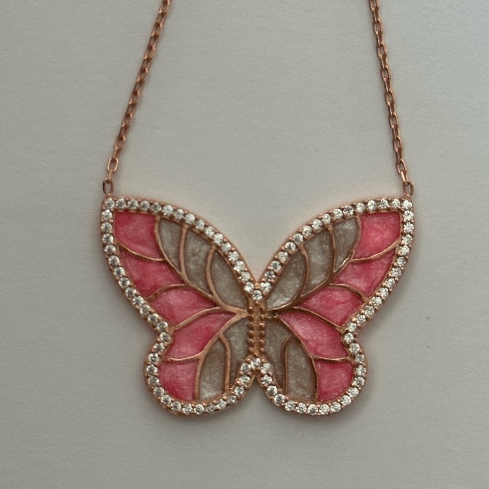 925 Silver butterfly necklace cz and handmade enamel 14k rose gold plated